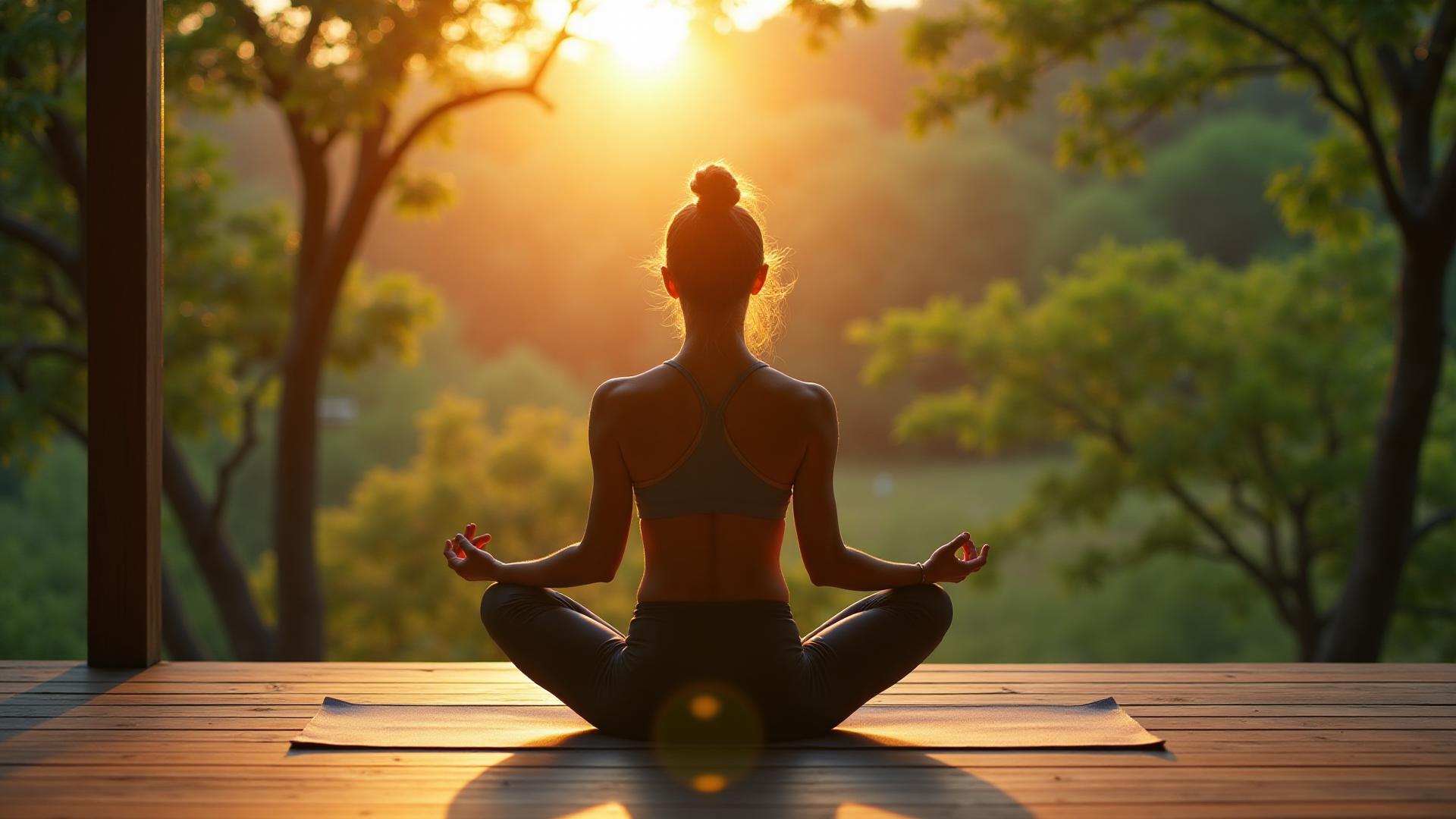 Жінка практикує йогу на світанку серед природи